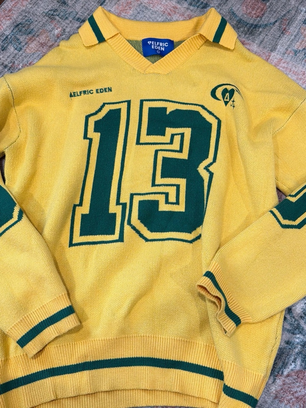 Aelfric Eden Yellow V‑Neck Sweater with Green '13' Graphic